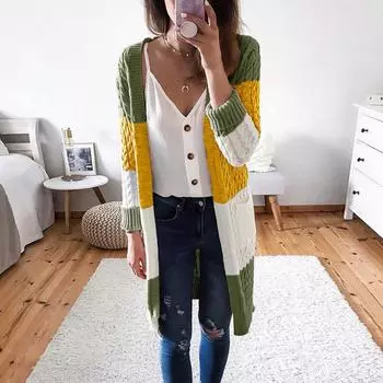 Knitted sweater wish2024 autumn and winter new product striped splicing contrasting color twist cardigan sweater women S жёлтый