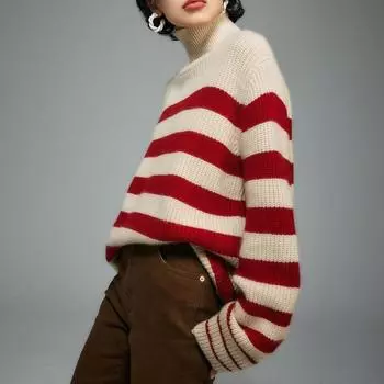 Knitted Sweater Women s Fall and Winter Striped Lazy Wind Warm Half-high Neck Loose Pullover Sweater Comfortable and Versatile Elegant Woman one size красный