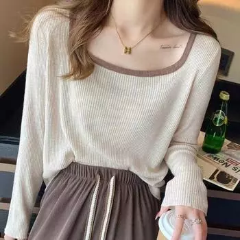 Knitted sweater women s spring and autumn early autumn top retro square neck long-sleeved bottoming shirt with solid color loose sweater inside S/Recommended within 47.5kg абрикосовый