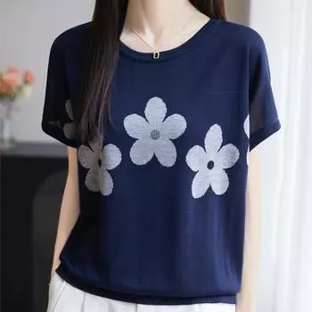 Knitted Top Spring Summer Jacquard Women s T-shirt Short Sleeve Loose Tees Round Neck Tops Cool XL