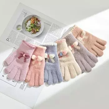 Вязаные перчатки для сенсорных экранов для женщин, зимние теплые, утолщенные и бархатные, перчатки с пятью пальцами для езды на велосипеде на открытом воздухе, с разделенными пальцами в корейском стиле One Size