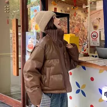 Knitted turtleneck spliced down jacket women s short 2024 winter fashion PU fabric thickened American bread jacket S