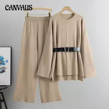 Трикотажные брюки с широкими штанинами, свитер, женский весенне-осенний костюм больших размеров, свободный модный брючный костюм в стиле темперамент One Size хаки