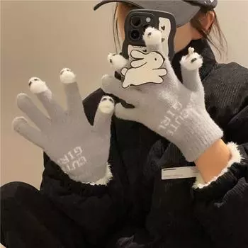 Knitted Woolen Warm Gloves Winter Female Cartoon Cute Thickened Student Writing Anti-cold Five-finger Exposed Touch Screen one size fits all