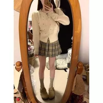 Knitting Cardigan Fancy All-Matching Short Coat Sweater Beige S