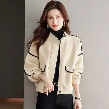 Knitting Cardigan Short Thickened Loose Woolen Coat Beige L