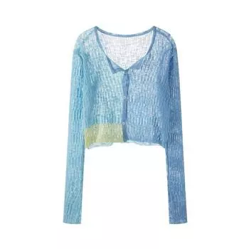 Knitting Cardigan Women s Short Summer Thin Outerwear Ice Silk Sun Protection Air-Conditioner Shawl Stylish Niche Style Patchwork Small Coat Blue S