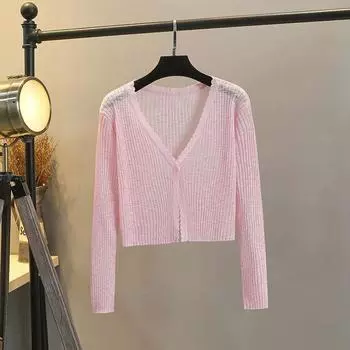 Knitting Cardigan Women s Summer Thin Office Cardigan Short Shawl Outer Matching Halter Skirt Sun Protective Blouse Tops