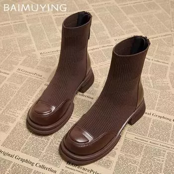 Knitting Chunky Women Ankle Boots Fashion Mid Heels Winter Shoes 2025 Trend Designer New Pumps Goth Motorcycle Botas De Mujer 35 чёрный