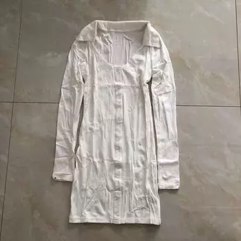 Knitting Dress Spring and Autumn New Arrival Foreign Trade Women s Clothing Flip + V-neck Buttons Long Sleeves Pullover Hip Skirt 28088 Rice White A- 6-6-1 M