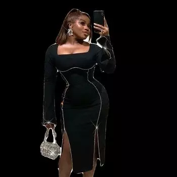 Knitting Long Sleeves Sexy Slit Hot Drilling Thin and Glittering Dress Fall New Arrival Sexy Slim Fit Long Dress Black L
