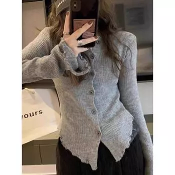 Knitting Stylish Niche Style Inner Wear Blouse Bottoming Shirt Gray XL [Suggested 57.50 kg-65.00 kg]]