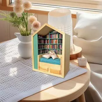 Книжная комната для книг с мини-подушкой для книг, которая избавит вас от беспокойства, миниатюрная книжная полка, книжный уголок, деревянный книжный домик, украшение, подарок для книголюба A