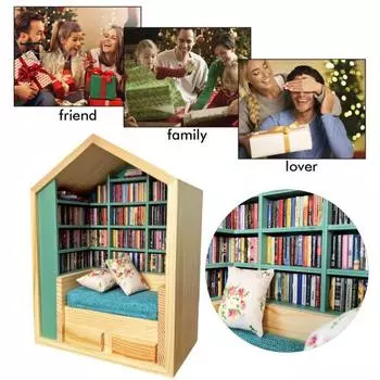 Книжная комната для книг с мини-подушкой для книг, которая избавит вас от беспокойства, миниатюрная книжная полка, книжный уголок, деревянный книжный домик, украшение, подарок для книголюба A