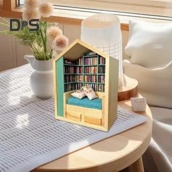 Книжная комната для книг с мини-подушкой для книг, которая избавит вас от беспокойства, миниатюрная книжная полка, книжный уголок, деревянный книжный домик, украшение, подарок для книголюба A