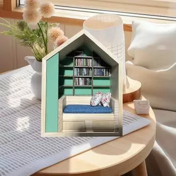 Книжная комната для книг с мини-подушкой для книг, которая избавит вас от беспокойства, миниатюрная книжная полка, книжный уголок, деревянный книжный домик, украшение, подарок для книголюба A