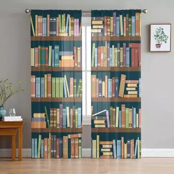 Книжная полка Библиотека Книжные прозрачные шторы для украшения гостиной Оконные шторы для кухни Тюль Вуаль Шторы из органзы W135 x H115cm x1