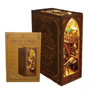 Книжный уголок Книжный уголок Библиотека Подставка для книг Деревянный 3D-пазл Книжная полка Миниатюрная деревянная поделка со светодиодной подсветкой Подарок для начинающих Деревянный пазл коричневый