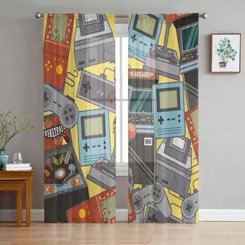 Кнопка геймпада Видеоигра Мультфильм Тюль Прозрачные Шторы для Гостиной Спальни Современные Вуаль Органза Шторы Портьеры W135 x H115cm x1&Rod Pocket