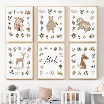 Коала Медведь Белка Сова Лиса Ежик Девочка Детские Плакаты и Принты Стены Искусства Холст Картины Настенные Панно Декор Детской Комнаты Без Рамки 21*30cm