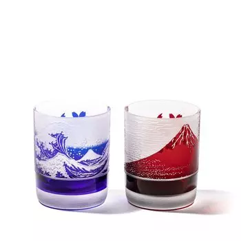 Kobo Official Direct Edo Glass Red Fuji и Cherry Blossom Старинная стеклянная пара, деревянная коробка, сделано в Японии [продажи Taimuro] Fuji/Nami (Красный/Рури)
