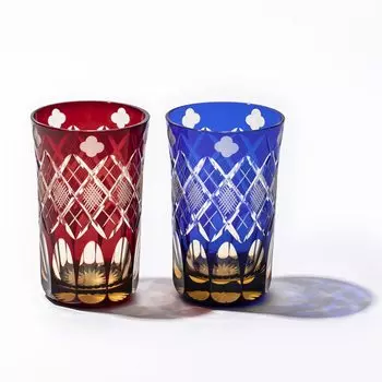 Kobo Official Direct Edo Kiriko Quatrefoil с рыбным гербом Yarai, пара стаканов TB94419ARB, деревянная коробка, сделано в Японии [Taimuro Sales] (Янтарно-красный/янтарный