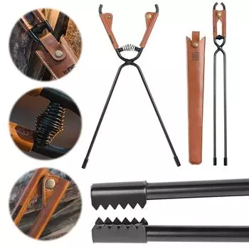 Кочерга для костра с кожаным чехлом, зажимы для угля для барбекю, легкая кочерга с длинной ручкой, устойчивая к ожогам, инструменты для кемпинга и барбекю на открытом воздухе