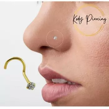 КОДИ ПИРСИНГ Пирсинг в носу из цельного золота 14 карат, украшенный круглым фианитом диаметром 2,5 мм и брошью с 4 зубцами.
