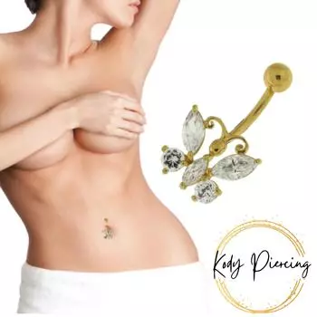 KODY PIERCING Butterfly Dangling Jeweled 14K Gold Navel Ring - Quality Piercing
