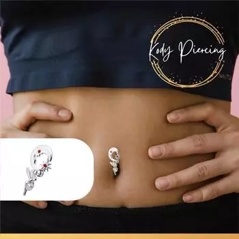 KODY PIERCING Кольцо для пупка из стерлингового серебра 925 пробы в виде пупка «Перевернутая фея» с набором из луны и красных кристаллов