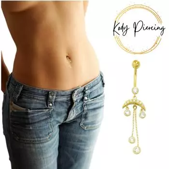 KODY PIERCING Кольцо для живота с подвесками в этническом стиле из 14-каратного золота, украшенное драгоценными камнями - Качественный пирсинг