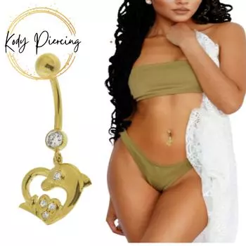 KODY PIERCING Кольцо из 14-каратного золота в форме сердца дельфина с драгоценными камнями в виде свисающего пупка - качественный пирсинг
