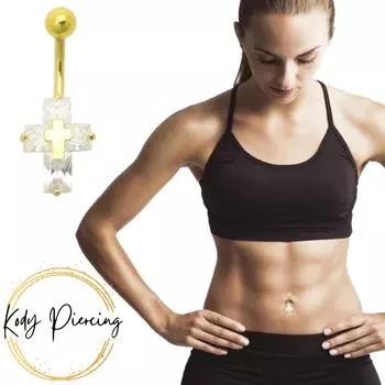 KODY PIERCING Кольцо из 14-каратного золота с драгоценными камнями и крестом на пупке - Качественный пирсинг