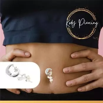 KODY PIERCING Серебряное кольцо на пупке 925 пробы в виде перевернутой феи с комплектом из луны и белых кристаллов.
