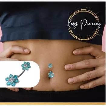 KODY PIERCING Серебряные украшения для пупка с двойным цветком 925 пробы - бирюзовый синий