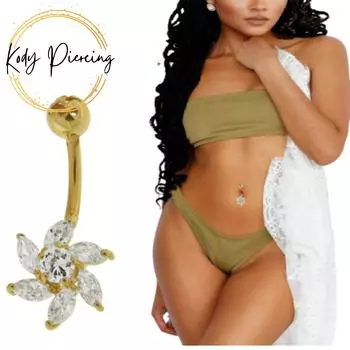 KODY ПИРСИНГ 14-каратное золото в форме цветка, украшенное драгоценными камнями кольцо в пупке, украшения для тела - качественный пирсинг