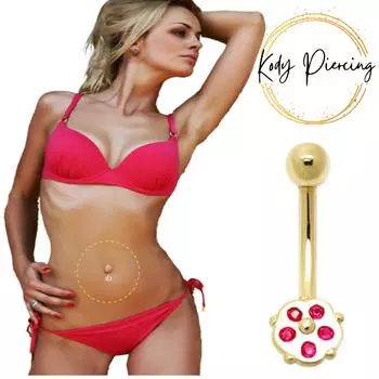 KODY ПИРСИНГ Кольцо для пупка из 14-каратного золота с 5 камнями с крошечным цветком и бананом - качественный пирсинг