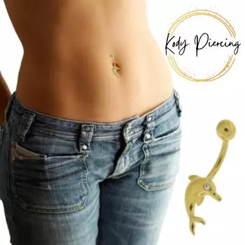 KODY ПИРСИНГ Кольцо из 14-каратного золота с драгоценными камнями в форме дельфина с изогнутым стержнем для пупка и живота - качественный пирсинг