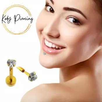 KODY ПИРСИНГ Желтое золото 14 карат, драгоценный камень, внутренняя губа для губ, полый цирконий, в форме сердца, 3 мм, набор из 4 зубцов - качественный пирсинг