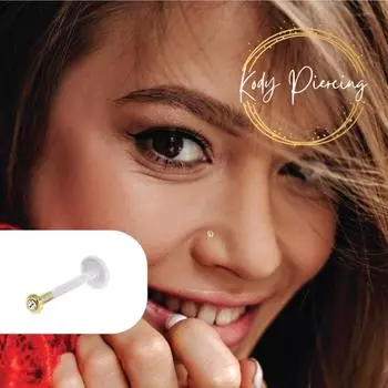 KODY ПИРСИНГ, ЗОЛОТО 14 КАРАТ, губа из биофлекса, круглая головка и инкрустация цирконом