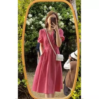 Кофе-брейк Французская жареная улица длинное платье холодный ветер высокий темперамент талия рукава-пузыри розовое платье дети лето S розовый