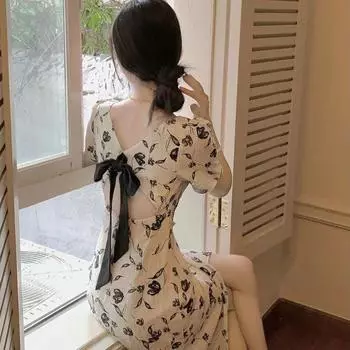Кофе-брейк французское платье с открытой спиной женское летнее платье высокого класса темперамент длинное платье тонкая талия нежный ветер цветочная юбка S