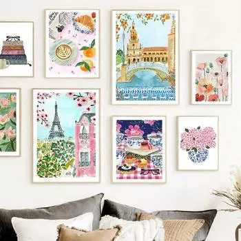 Кофе Париж Башня Павлин Птица Цветы Испания Wall Art Холст Картины Плакаты и принты Настенные Панно Для Декора Гостиной 21x30cm No Framed
