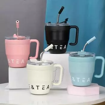 Кофейная чашка 480 мл с соломенной крышкой, кружка-термос из нержавеющей стали для горячих холодных напитков, воды, чая, молока, офиса, уличная портативная бутылка 480ml розовый