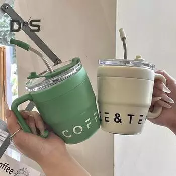 Кофейная чашка 480 мл с соломинкой, чашка для воды из нержавеющей стали, портативная термочайная чашка для домашнего офиса, школы кофейный