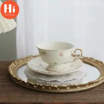 Кофейная чашка «Hi» Корейская ретро-кремовая желтая пасторальная цветочная ажурная золотая керамика Английская послеобеденная десертная цветочная чайная чашка с блюдцем