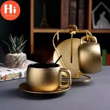 Кофейная чашка Hi Matte Gold с блюдцем, ложка, чашка для эспрессо, капучино, чашка послеобеденного чая с молоком, 300 мл