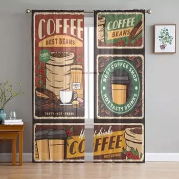 Кофейная чашка и мешок жареных зерен Баннеры кафе Горячие напитки или напитки Тюль Прозрачные шторы Комната Вуаль Занавеска из органзы 135W x 114H(cm)