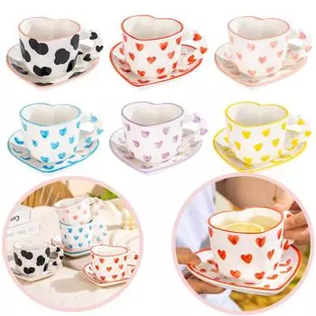 Кофейная чашка Ins Style в форме сердца с блюдцем, расписанная вручную, керамическая кружка Love, праздничные подарки, чайная чашка, завтрак, кухонные принадлежности