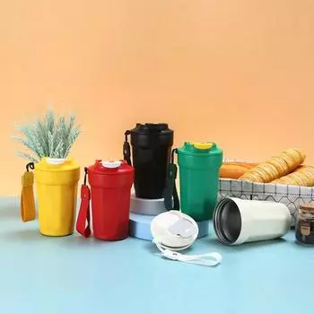 Кофейная чашка из нержавеющей стали с вакуумной изоляцией, гладкий край с веревкой для переноски, изоляционная кружка для офисного стола 400ML чёрный